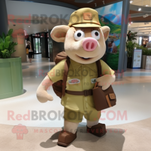 Tan Pig mascot costume character dressed with a Cargo Shorts and Coin purses