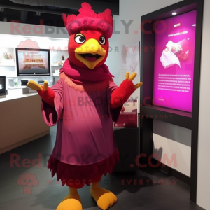 Magenta Butter Chicken mascot costume character dressed with a Poplin Shirt and Shawls