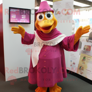 Magenta Butter Chicken mascot costume character dressed with a Poplin Shirt and Shawls