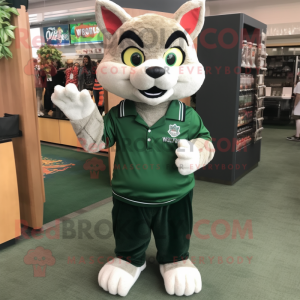Forest Green Bobcat mascot costume character dressed with a Polo Shirt and Coin purses