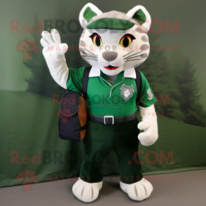 Forest Green Bobcat mascot costume character dressed with a Polo Shirt and Coin purses