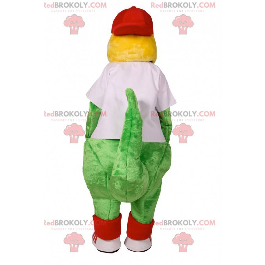 Mascote do dinossauro verde com uma camisa branca para apoiar -