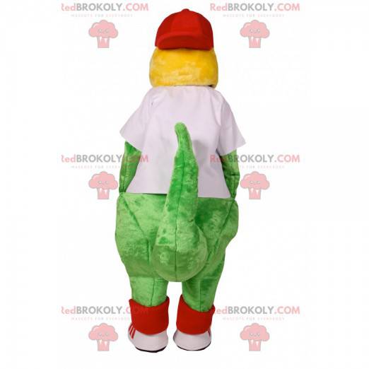 Green dinosaur mascot with a white jersey to support -