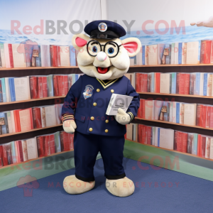 Navy Sow mascot costume character dressed with a Long Sleeve Tee and Reading glasses