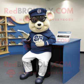 Navy Sow mascot costume character dressed with a Long Sleeve Tee and Reading glasses