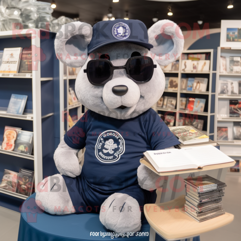 Navy Sow mascot costume character dressed with a Long Sleeve Tee and Reading glasses