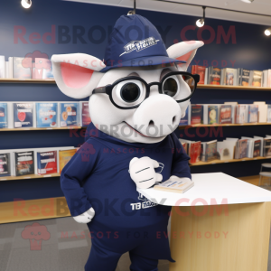 Navy Sow mascot costume character dressed with a Long Sleeve Tee and Reading glasses