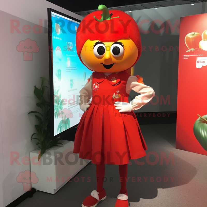 Red Tomato mascot costume character dressed with a Pencil Skirt and Hair clips Red Tomato mascot costume character dressed with a Pencil Skirt and Hair clips