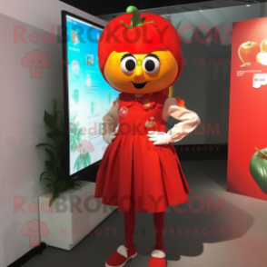 Red Tomato mascot costume character dressed with a Pencil Skirt and Hair clips