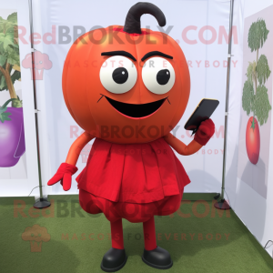 Red Tomato mascot costume character dressed with a Pencil Skirt and Hair clips