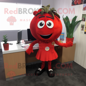 Red Tomato mascot costume character dressed with a Pencil Skirt and Hair clips