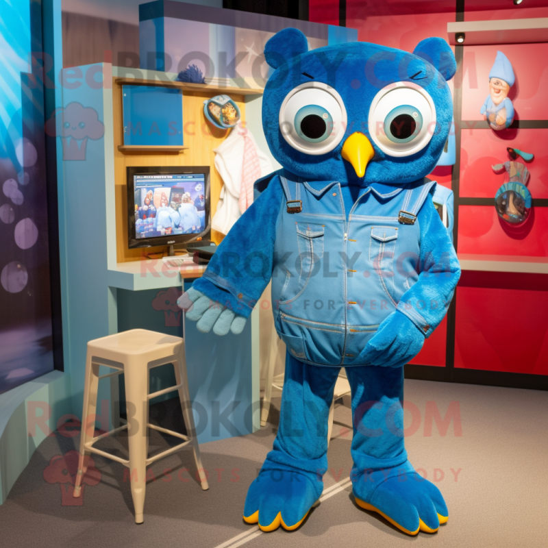 Blue Owl mascot costume character dressed with a Dungarees and Watches