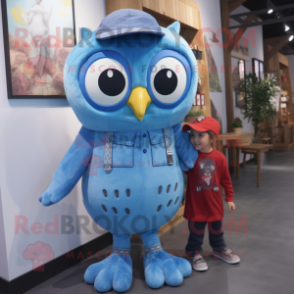 Blue Owl mascot costume character dressed with a Dungarees and Watches