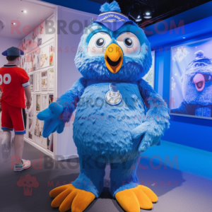 Blue Owl mascot costume character dressed with a Dungarees and Watches