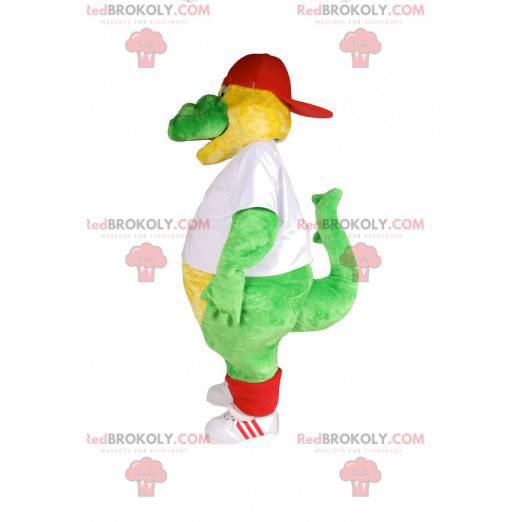 Green dinosaur mascot with a white jersey to support -