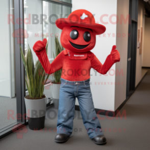 Red Alliance mascot costume character dressed with a Jeans and Hats