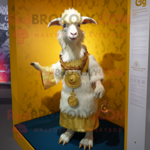 Gold Angora Goat mascot costume character dressed with a Wrap Skirt and Bracelets