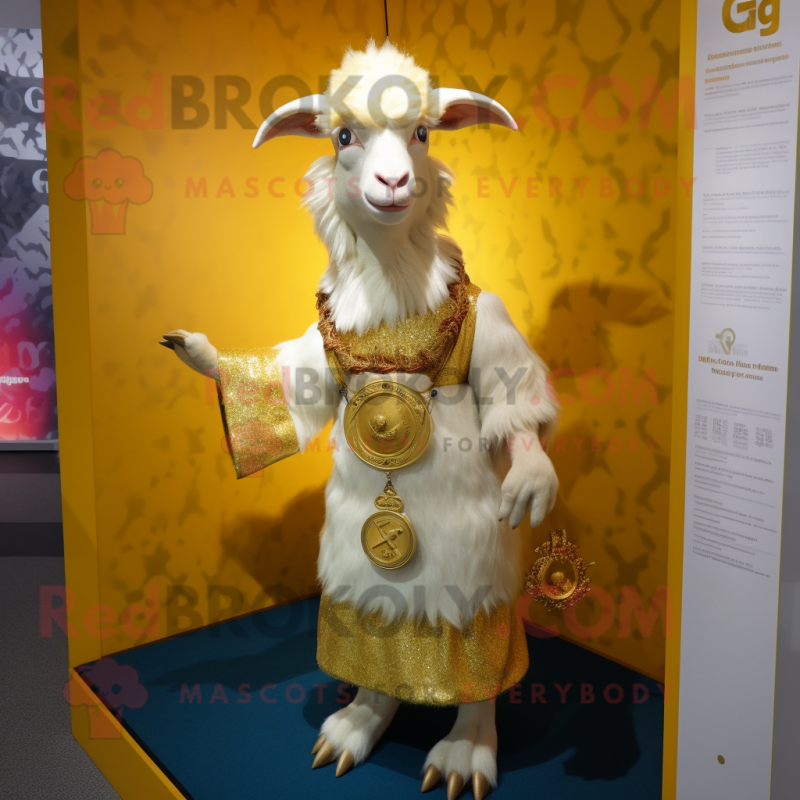 Gold Angora Goat mascot costume character dressed with a Wrap Skirt and Bracelets Gold Angora Goat mascot costume character dressed with a Wrap Skirt and Bracelets