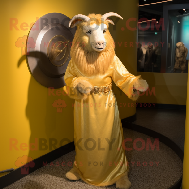 Gold Angora Goat mascot costume character dressed with a Wrap Skirt and Bracelets