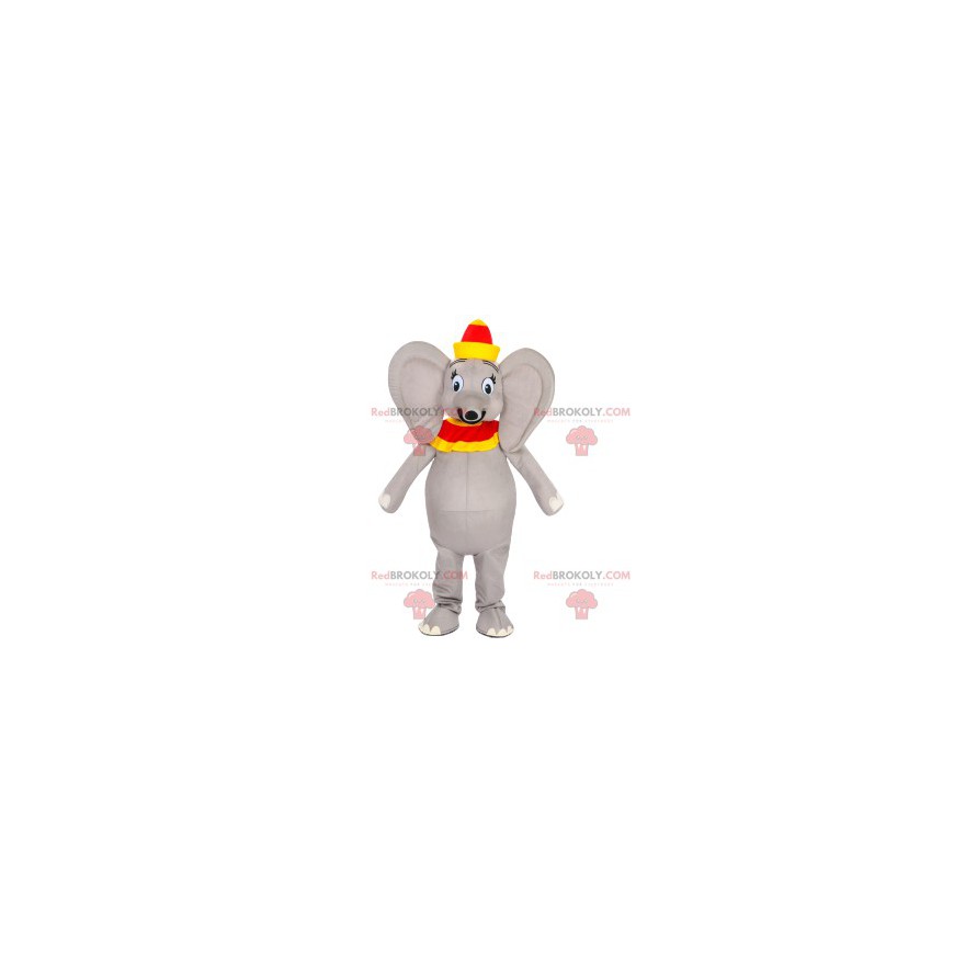 Grijze olifant mascotte met een rode en gele hoed -