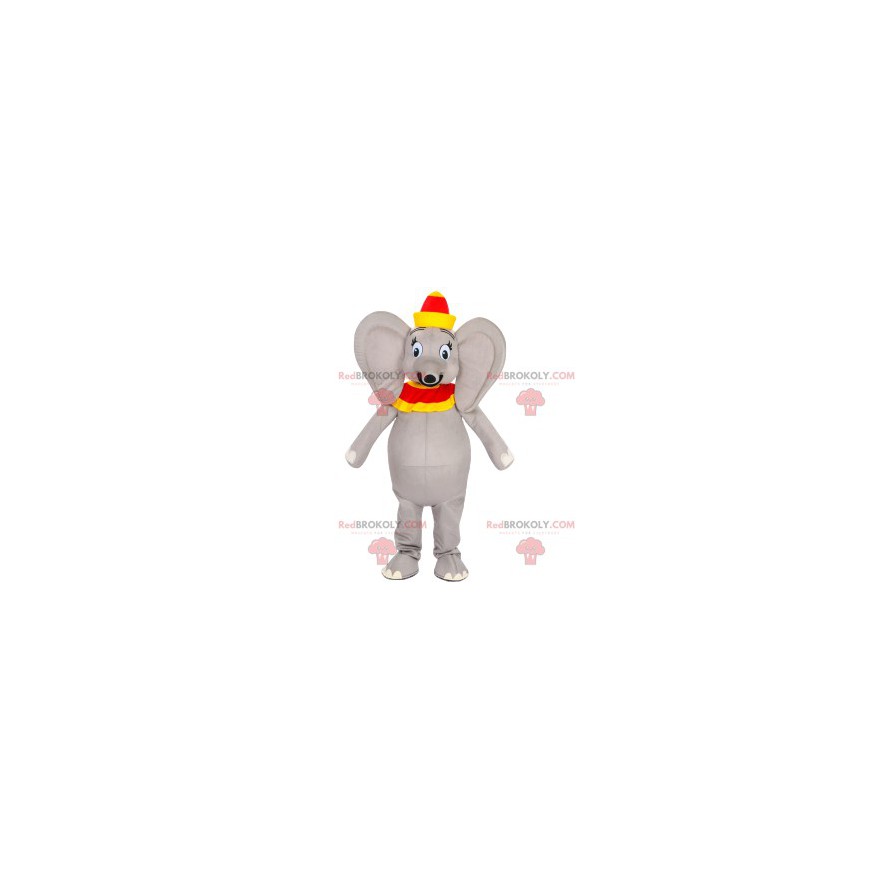 Mascote elefante cinza com chapéu vermelho e amarelo - Mascote elefante cinza com chapéu vermelho e amarelo -