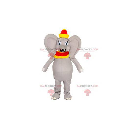 Grijze olifant mascotte met een rode en gele hoed -