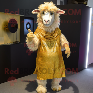 Gold Angora Goat mascot costume character dressed with a Wrap Skirt and Bracelets