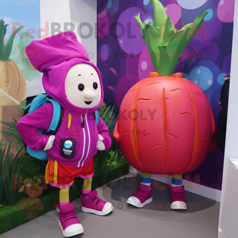 Magenta Turnip mascot costume character dressed with a Windbreaker and Backpacks