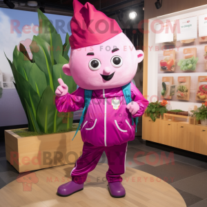 Magenta Turnip mascot costume character dressed with a Windbreaker and Backpacks