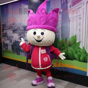 Magenta Turnip mascot costume character dressed with a Windbreaker and Backpacks