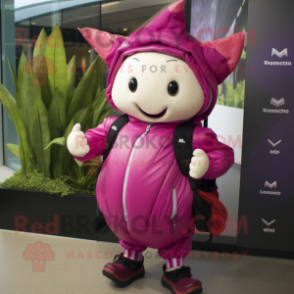 Magenta Turnip mascot costume character dressed with a Windbreaker and Backpacks