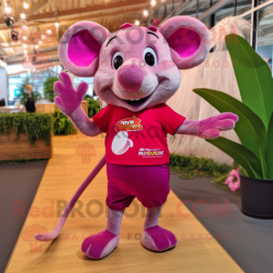 Magenta Mouse mascot costume character dressed with a Shorts and Wraps