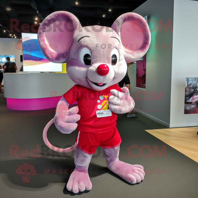 Magenta Mouse mascot costume character dressed with a Shorts and Wraps