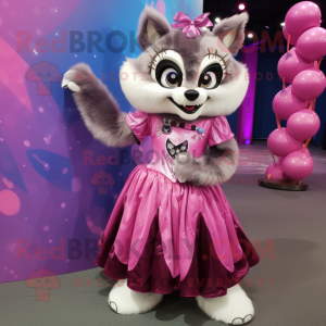 Pink Raccoon mascot costume character dressed with a Ball Gown and Brooches