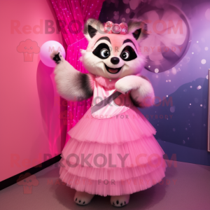 Pink Raccoon mascot costume character dressed with a Ball Gown and Brooches