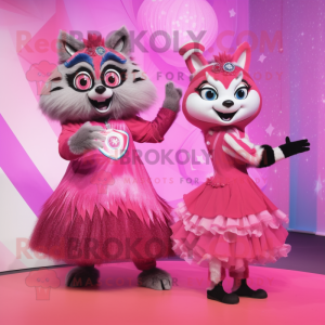 Pink Raccoon mascot costume character dressed with a Ball Gown and Brooches