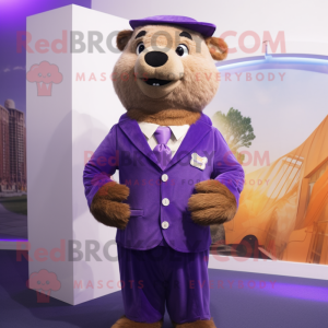 Purple Marmot mascot costume character dressed with a Suit and Anklets