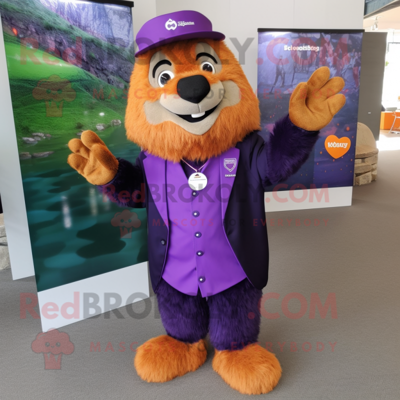 Purple Marmot mascot costume character dressed with a Suit and Anklets Purple Marmot mascot costume character dressed with a Suit and Anklets
