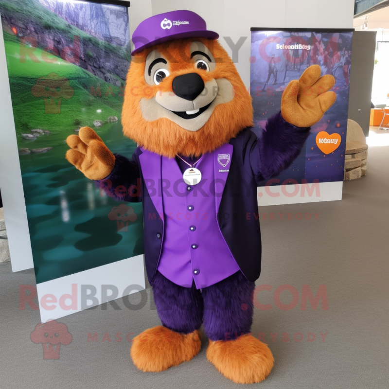 Purple Marmot mascot costume character dressed with a Suit and Anklets