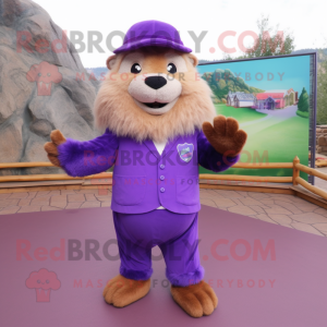 Purple Marmot mascot costume character dressed with a Suit and Anklets