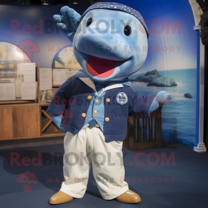 Navy Humpback Whale mascot costume character dressed with a Chambray Shirt and Lapel pins
