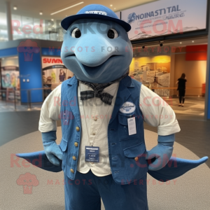 Navy Humpback Whale mascot costume character dressed with a Chambray Shirt and Lapel pins