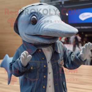 Navy Humpback Whale mascot costume character dressed with a Chambray Shirt and Lapel pins