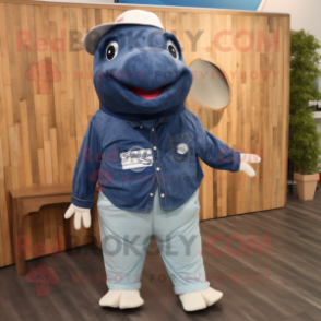 Navy Humpback Whale mascot costume character dressed with a Chambray Shirt and Lapel pins