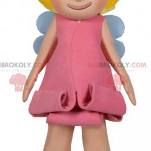 Kleine lachende fee mascotte met een mooie roze jurk -