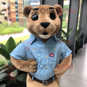 Beige Jaguarundi mascot costume character dressed with a Chambray Shirt and Cufflinks