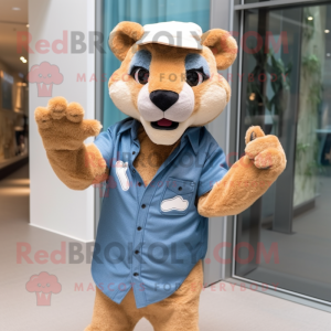 Beige Jaguarundi mascot costume character dressed with a Chambray Shirt and Cufflinks