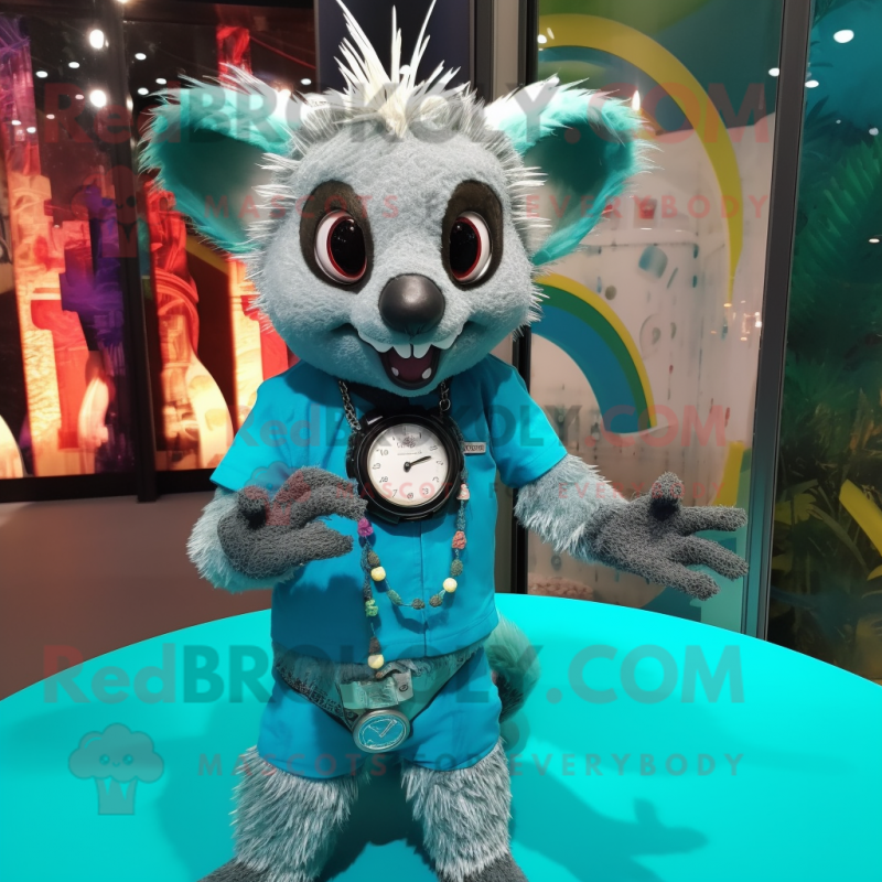 Teal Aye-Aye mascot costume character dressed with a Playsuit and Bracelet watches