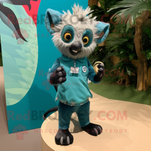 Teal Aye-Aye mascot costume character dressed with a Playsuit and Bracelet watches