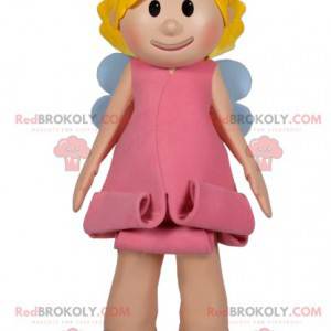 Kleine lachende fee mascotte met een mooie roze jurk -